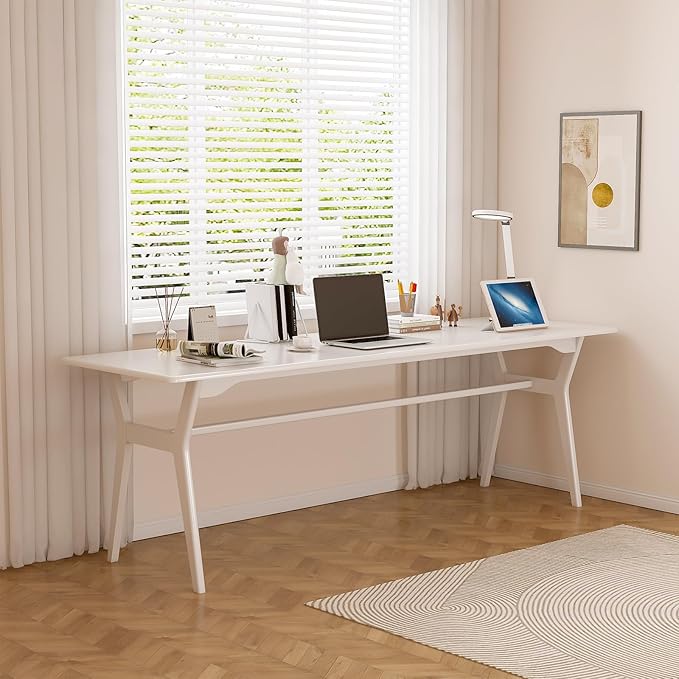 Solid Wood Study Desk - 78.8 Double Long Computer Table for Home Office 2-Person PC Workstation White