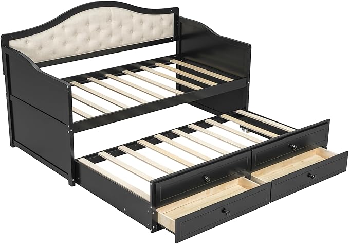 Twin Daybed with Trundle Twin Size Daybed with 2 Storage Drawers Wooden Sofa Bed with Upholstered Button Tufted Backrest for Living Room Bedroom Guest RoomBlack