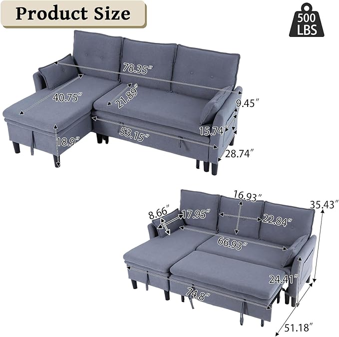 78 L-Shaped Sleeper Sofa Bed Couch 3-Seater Reversible Pull Out Couch Bed with Storage Chaise Lounge Cotton-Linen Pullout Sofabed Sectional Couches for Living Room Apartment Dark Grey