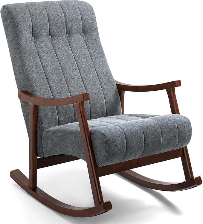 AVAWING Upholstered Rocking Chair with Fabric Padded Seat Comfortable Rocker Solid Wood for Living Room Modern High Back Armchair for Adult Dark Grey
