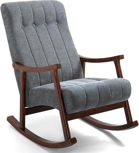 AVAWING Upholstered Rocking Chair with Fabric Padded Seat Comfortable Rocker Solid Wood for Living Room Modern High Back Armchair for Adult Dark Grey