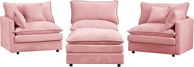 Pink Sectional Modular Sofa Cloud Couch 105 Modern Convertible L-Shape Sofa Deep 3-Seater Soft Chenille Comfy Upholstered with Removeable Ottoman Set and Removable Cushions for Living Room