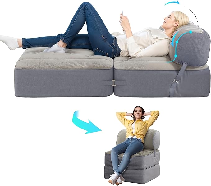 Daneey Convertible Folding Sofa Bed Folding Chair Bed Convertible Chair Bed Sleeper and Fold Out Couch Foam Floor Sofa Couch Bed Futon Sofa Bed for Bedroom/Living Room/Dorm Gray