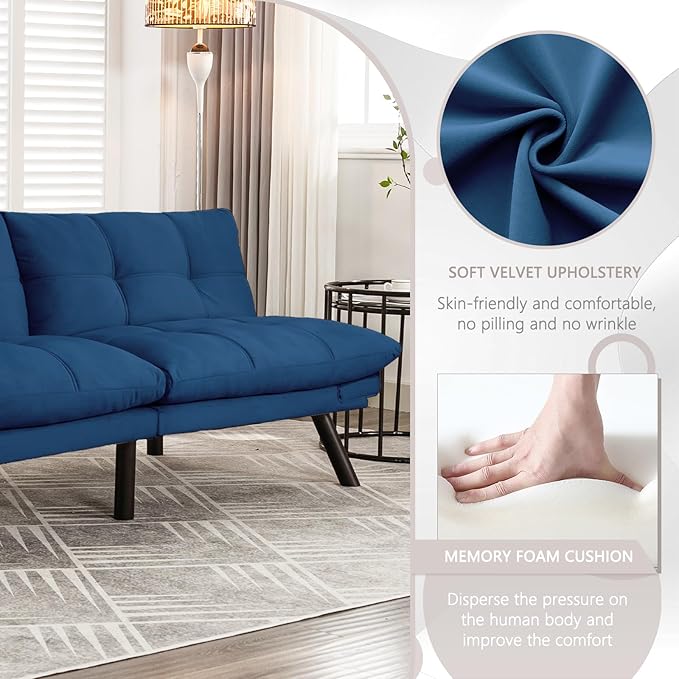 KINFFICT Convertible Futon Sofa Couch Bed Modern Memory Foam Sleeper Loveseat Sofa with Adjustable Armrests &amp Backrests Comfy Love Seat for Living Room Bedroom Office Apartment Small Space