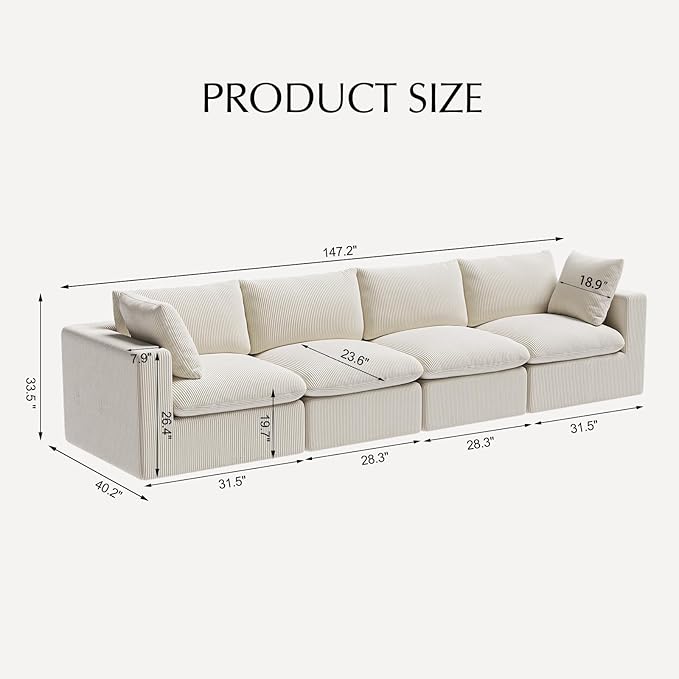 ARSURA 106” Cloud Couch for Living Room | L-Shaped Boneless Couch | Modular Sectional Couch | Corduroy Off-White