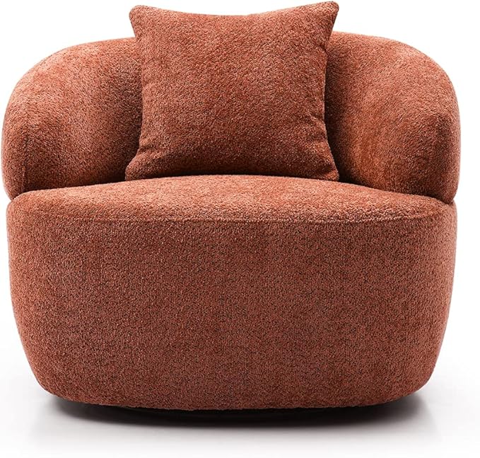 WILLIAMSPACE Swivel Accent Sofa Chair Round Back Boucle Barrel Chair with Pillow Modern Leisure Arm Chair for Hotel Living Room Bedroom Office (Orange)
