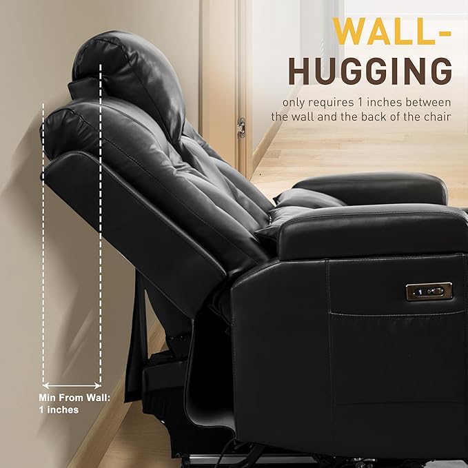 URRED Wall Hugger Power Recliner Sofa RV Double Reclining 3-Seater Couch for Living Room with LED Lights USB Ports Cup Holders and Side Pockets Outlets Drawer Faux Leather – Black