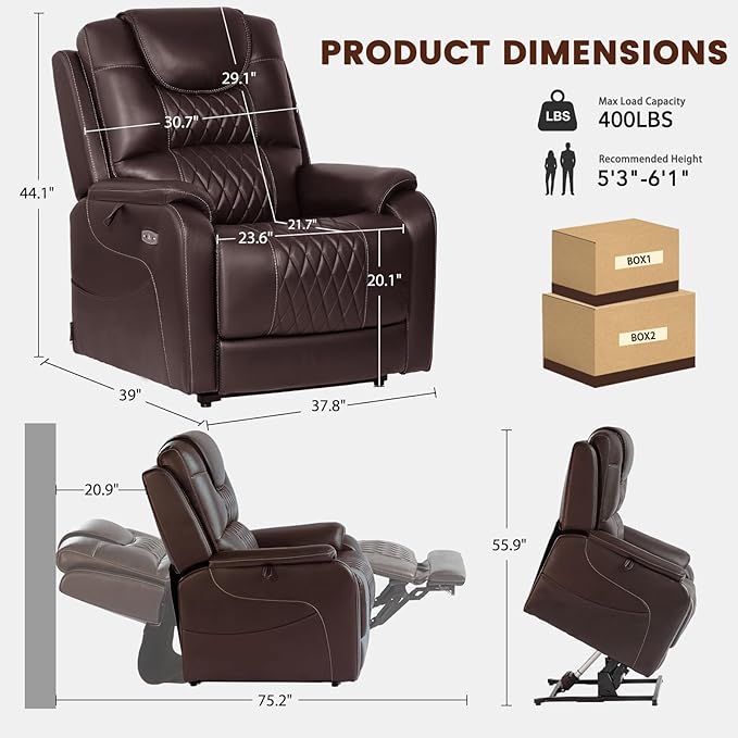 EONIX Triple Motor Lay Flat Power Lift Recliner Chair for Elderly with Massage 400lbs Electirc Lift Chair for Living Room Independent Adjustable Backrest Headrest Extended Footrest Dark Brown