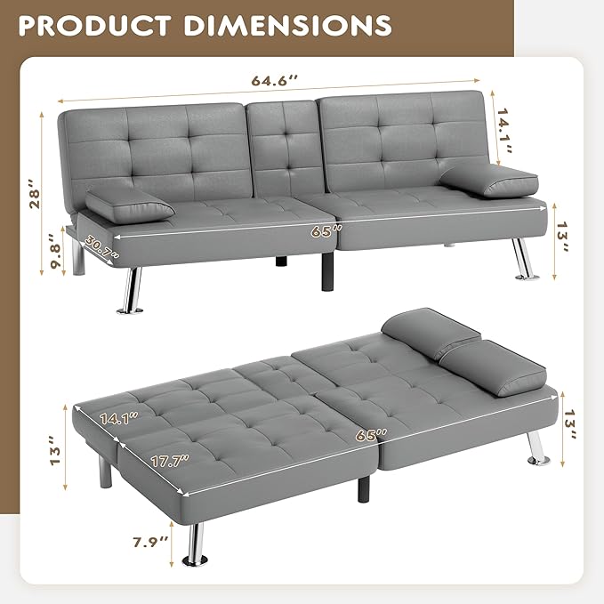 Homall Futon Sofa Bed Leather Futon Couch with Removable Armrests Adjustable Recliner Sleeper Sofa Bed with Dual Cup Holders for Living Room Apartment Office (Gray)