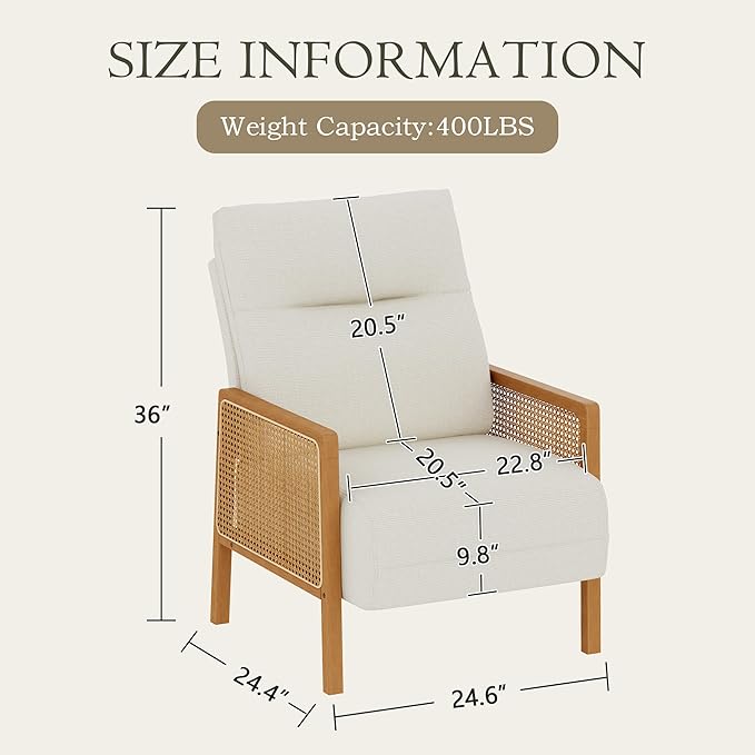 Mid Century Accent Chair Wooden Leisure Armchair with Rattan Armrest Boho Comfy Reading Chair for Living Room Bedroom Lounge Side Club ChairBeige