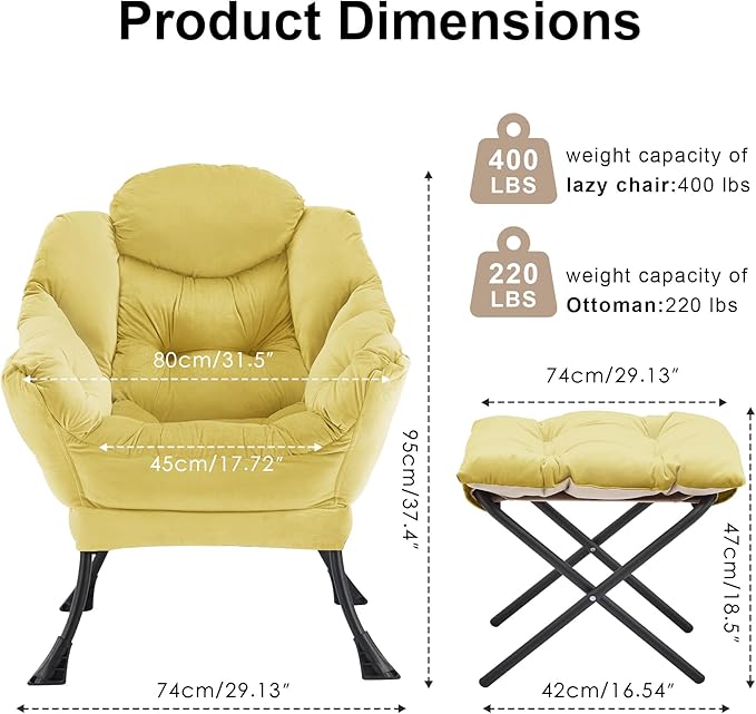 Lazy Chair with OttomanOversized Accent Chair with Thick Cushion Side PocketModern Lounge Arm Reading Chair and Folding Footrest for Living RoomBedroomOfficeDormApartment Yellow