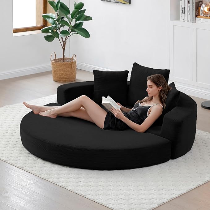 Folding Sofa Bed Corduroy Circular Boneless Couch No Assembly Convertible Sleeper Sofa with 3 Pillow Comfy Futon Sofa Bed for Apartment Office Bedroom Living Room Black