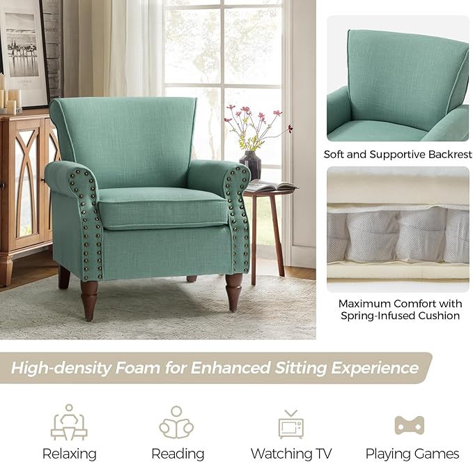 HULALA HOME Accent Chair with Wood Legs &amp Removable Cushion Modern Wingback Armchair with Nailhead Trim Comfy Upholstered Lounge Chair Single Sofa Chairs for Living Room Bedroom Sage