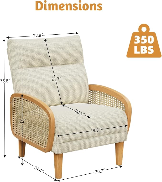Rattan Accent Chair Arm Chair with High Resilience Cushion Armchair with Sturdy Ash Wood for Living Room Beige