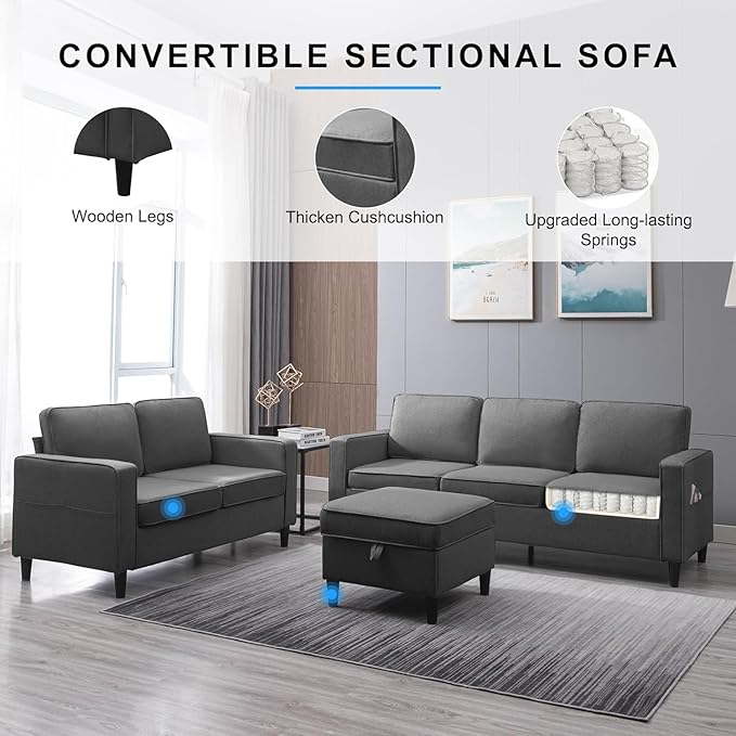 PUREMIND 2 Piece Living Room Sofa Sets Modern 3 Seater Sofa and Loveseat Set for Living Room Linen Fabric L Shaped Sectional Couch with Ottoman + 2-Seat Couch Sets for Livingroom Apartment