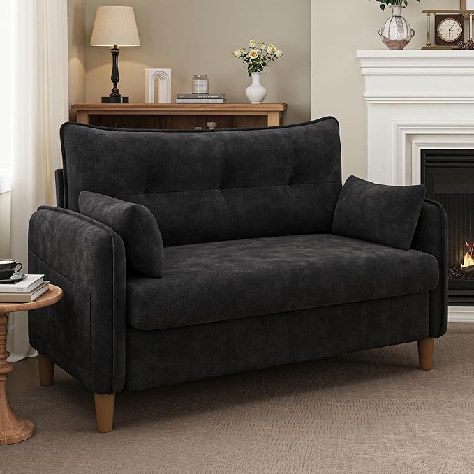 50 Mini Loveseat Couch for Small Space | Tufted Love Seat Couches for Bedroom and Apartment | Small Sofa Black