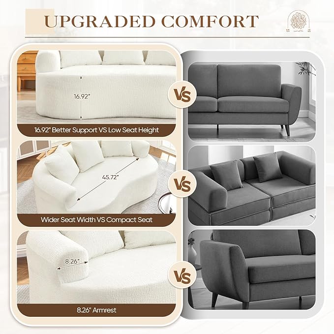 60 Curved Sectional Sofa for Small Spaces - Plush Chenille Modern Cloud Loveseat with Pocket Springs &amp Memory Foam Boneless Floor Couch for Living Room 27.6 Extra Deep Seat No Assembly (Beige