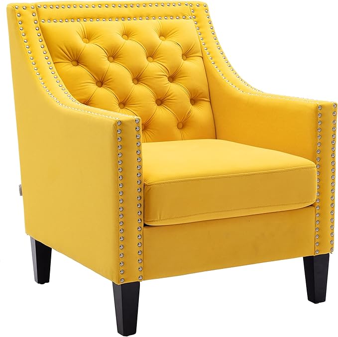 Generic Accent Armchair Living Room Chair with Nailheads and Solid Wood Legs Yellow