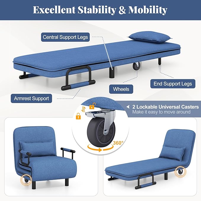 Giantex Convertible Sofa Bed 3-in-1 Folding Sleeper Chair with 5-Position Adjustable Backrest Wheels 2 Legs Recliner Chaise Lounge with Pillow Armchairs for Nursery Living Room Office (Blue)