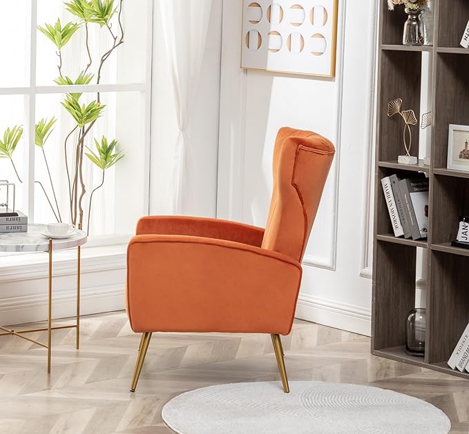 Modern Velvet Accent Chair Channel Tufted Bedroom Office or Living Room Furniture with Elegant Metal Legs 26 Wide Armchair Orange Red