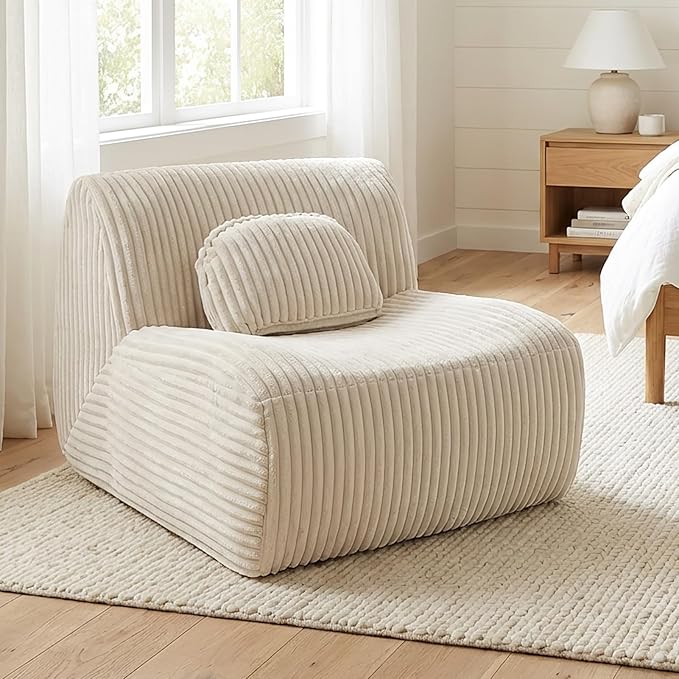 Lounge Chair with Pillow Single Sofa Indoor Couch for Bedroom Game Living Room Lazy Floor Sofa Reading Chair Armless Chair No Assembly Required High Resilience Foam Beige