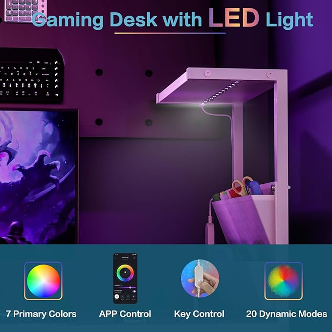 33.7 Computer Desk with Power Outlets LED Lights &amp Drawer Small Office Desk with Storage Bag &amp Hooks Gaming Desk for Bedrooms or Home Office Compact Study Desk for Small SpacesWhite