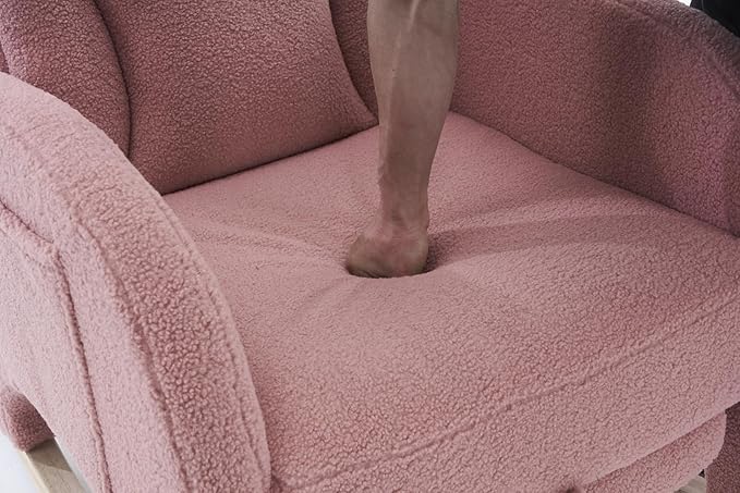 Rocking Chair with Foot Rest Nursery Glider Teddy Gliding Rocking Chair with Retractable Footrest Rubber Wood Legs Side Pocket High Back &amp Wide Seat Nursing Chair for Living Room (Pink)