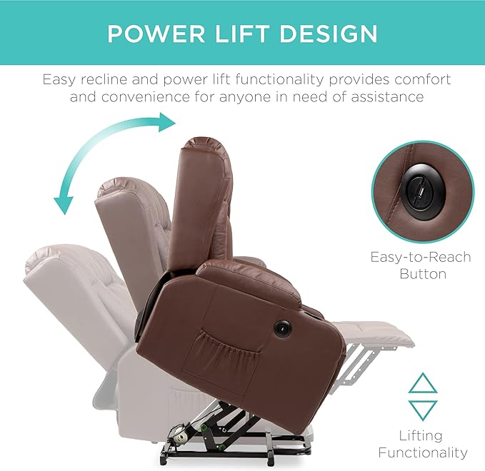 Best Choice Products PU Leather Electric Power Lift Chair Recliner Massage Chair Adjustable Furniture for Back Legs w/ 3 Positions USB Port Heat Cupholders Easy-to-Reach Side Button - Brown