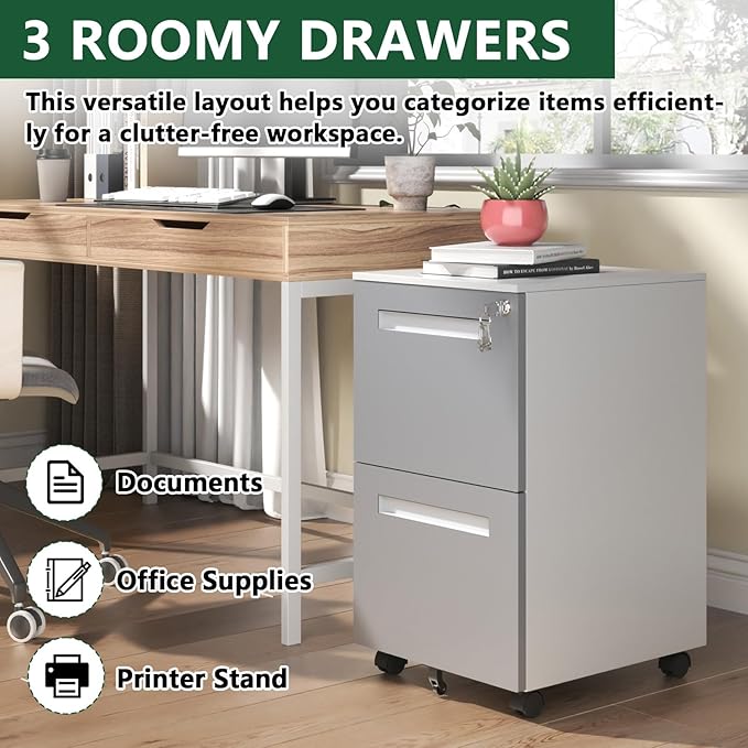 2 Drawer Filing Cabinet Lockable Metal File Cabinet Mobile File Cabinets for Home Office Under Desk Cabinets for Organizer A4/Letter/Legal Fully Assembled (White+Grey)