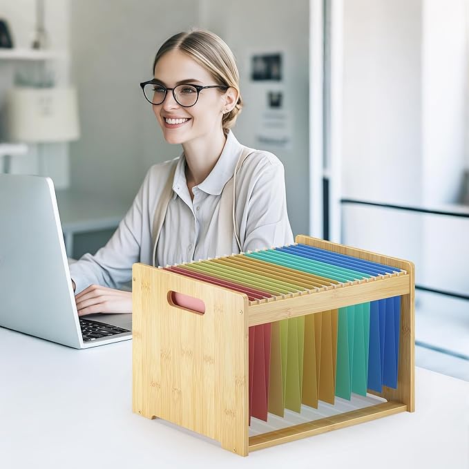 Hanging File Organizer Box for Letter Size Bamboo File Folder Organizer Storage Moving Boxes with Handle Wood Desk Filing Box for Office Banker Document