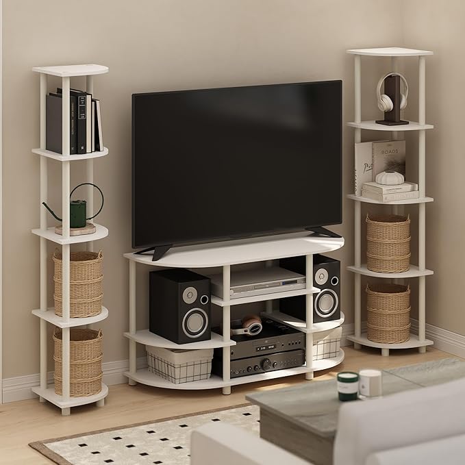 Furinno Jaya TV Stand 4-Tier Open Shelf Design Corner Entertainment Center with Round Corner TV Console for TV up to 46 Inch Toolless Assembly for Living Room Bedroom White