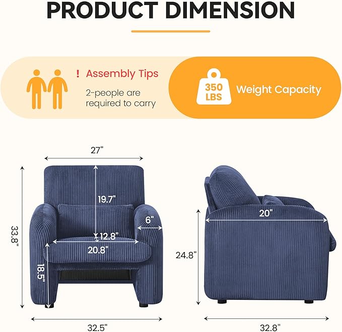 Modern Accent Chair Comfy Upholstered Corduroy Armchair Stylish Lounge Reading Chair for Living Room Bedroom Blue