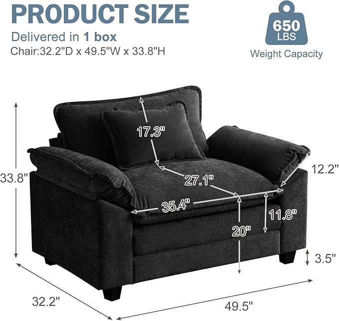 CDCASA Oversized Accent Chair Chenille Comfy Cloud Sofa Chair with Large Seat and Upholstered Armrests Modern Extra Wide Armchair Reading Chairs for Bedroom Living RoomSet of 2Black