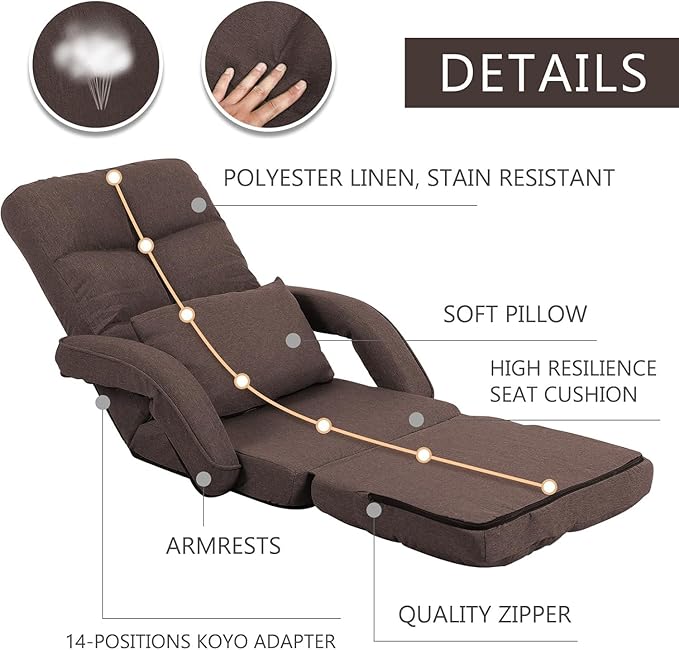 Indoor Floor Chair with Armrest and Pillow Folding Chaise Lounge Sofa 14-Position Adjustable Comfy Gaming Recliner Chair Padded Seats for Adults(Brown)