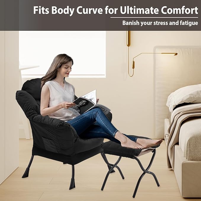 Lazy Chair with Folding Ottoman Accent Chair Velvet Upholstered with Metal Structure and Non-Slip Pads Sofa Armchair with Footrest and Side Storage Bag for Dorm Room Office Black
