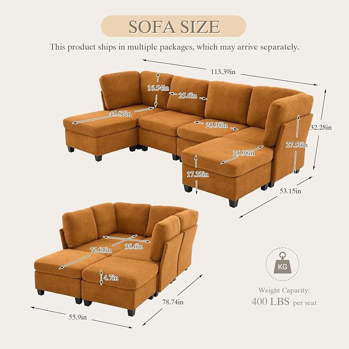113.39 Modular Sectional Sofa 6 Seaters Sectional Sleeper Sofa U Shaped Couch Comfy Convertible Couches with Ottomans Oversized Modular Sofa with Large Storage for Living Room (Orange)
