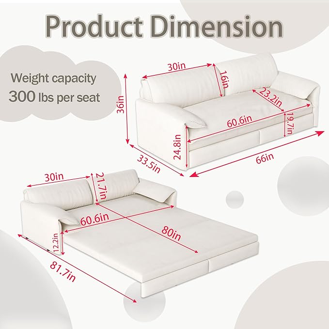 66 Queen Size Pull Out Sofa Bed 3-in-1 Convertible Sleeper with Side Storage and Wheels Velvet Loveseat for Living Room Apartment Bedroom Beige (Mattress &amp Bedding Not Included)