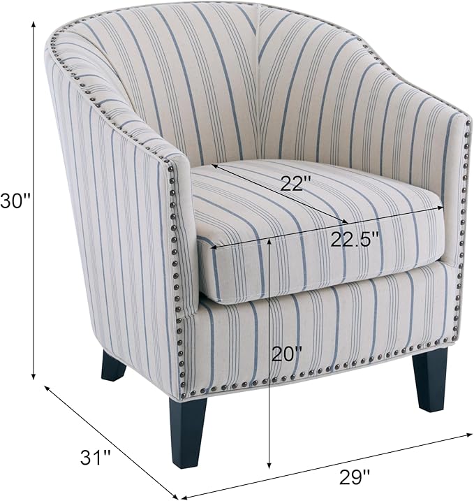 Christopher Knight Home Austin Fabric Upholstery Wood Frame Club Chair Stripes Pattern and Channel Stitching Living Room Barrel Chair Comfy Armchair Tub Design with Removable Cushion Beige + Blue