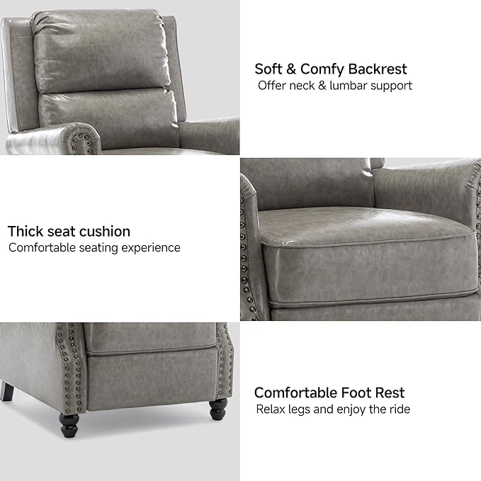 Pushback Recliner Chairs Set of 2 Faux Leather Wingback Recliner Chair Upholstered Push Back Armchair Recliner Single Sofa with Trim Wood Legs for Living Room (PU Gray)