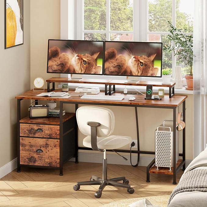 Furologee 55 Computer Desk with File Cabinet and Power Outlets Home Office Desk with 2 Movable Monitor Stands and Storage Drawer Writing Table with Shelves and 2 Hooks for Bedroom Rustic Brown