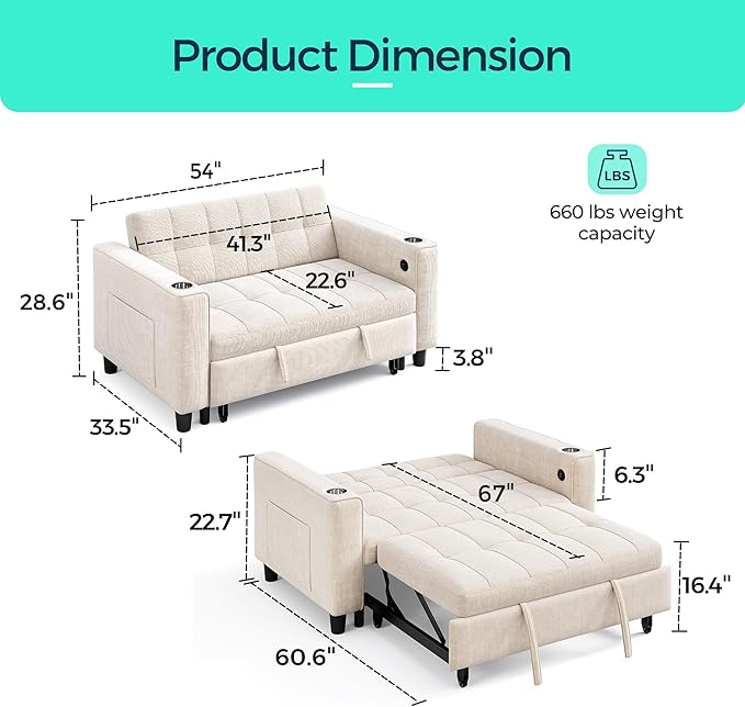 LINSY 3-in-1 Convertible Sofa Bed 54 Pull Out Sleeper Sofa with Charging Station &amp Cup Holder Small Folding Loveseat with Side Pocket for Small Space Corduroy Couch Beige