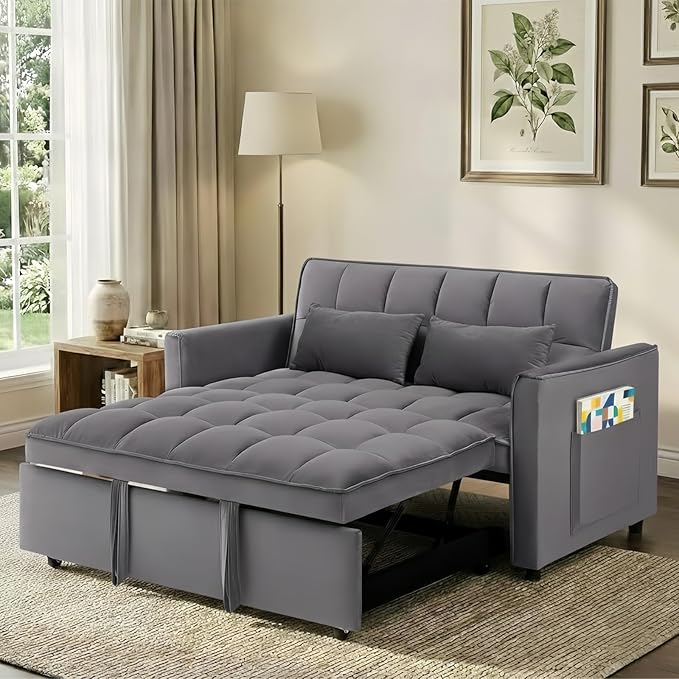 3-in-1 Convertible Sofa Bed 55'' Pull Out Couch Bed with Adjustable Backrest Velvet Fabric Sleeper Loveseat Sofa with Side Pocket Perfect for Living Room Easy Assembly(Gray)