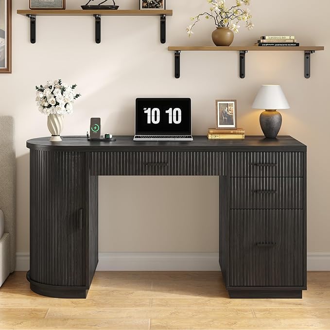 ONBRILL 58 Inch Fluted Executive Desk Computer Desk with Storage Drawers &amp File Drawer Modern Home Office Desk with Charging Station for Working Studying Writing Black