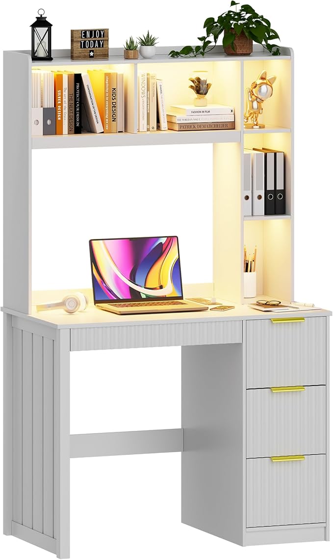 HNEBC Home Office Desk with Hutch and Drawers - 39 Standing Computer Desk with Charging Station&amp3 Color LightsHidden Compartment &amp Fluted Panel Design LED Writing Desk for Bedroom Study (W