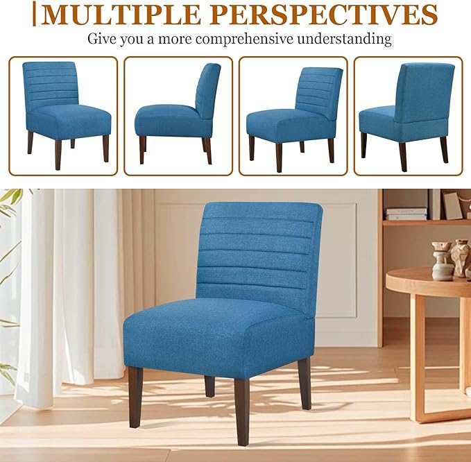 Modern Accent Chair for Living Room Upholstered Armless Slipper Chair with Back &amp Wood Legs Comfy Small Chair for Bedroom Living Room Reading Spaces Office (Blue)