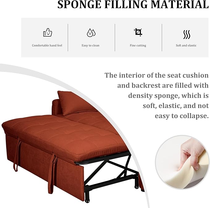 60 Pull Out Sofa Bed Linen Convertible Sleeper Couch Loveseat Chaise Lounge with Side Pockets Red Pullout Futon Sofa Bed for Living Room Bedroom Small Spaces RV (Red)