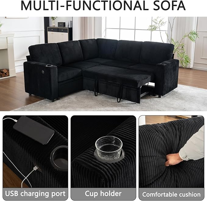 83 Modular Sectional Sleeper Sofa with Pull Out Bed Plush Corduroy L-Shaped Corner Couch with Storage USB Charger Cup Holders 5-Seater Sectional Couches for Living Room Apartment Black