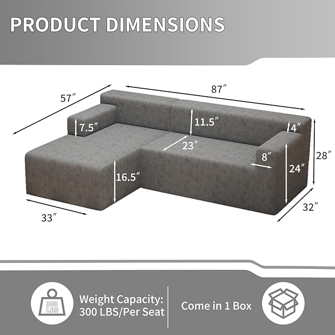 87 Modular Sectional Sofa Cloud Sectional Couch with Deep Seat Modern Modular L-Shape Sofa with Chaise Cozy Boneless Couches for Living Room Small Spaces No Assembly Required