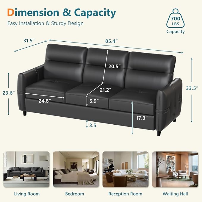 STHOUYN 85” Black Faux Leather Couch with USB 3 Seater Sofa for Living Room Large Mid Century Modern Office Couch for Apartment Bedroom