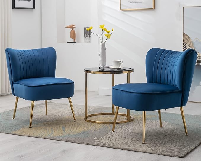 KCC Modern Velvet Upholstered Accent Chair Set of 2Mid Century Living Room Chairs with Golden LegsComfy Armless Chair Wingback Single Sofa Side Chair for BedroomBlue